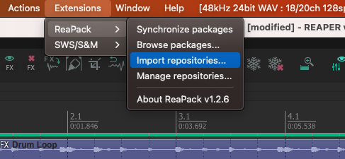 Passo 1: Abra o menu Extensions > ReaPack > Import repositories